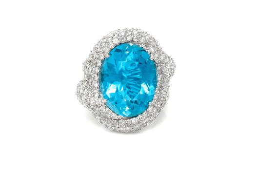 17.40 Carat Oval Cut Aquamarine Ring with Diamonds