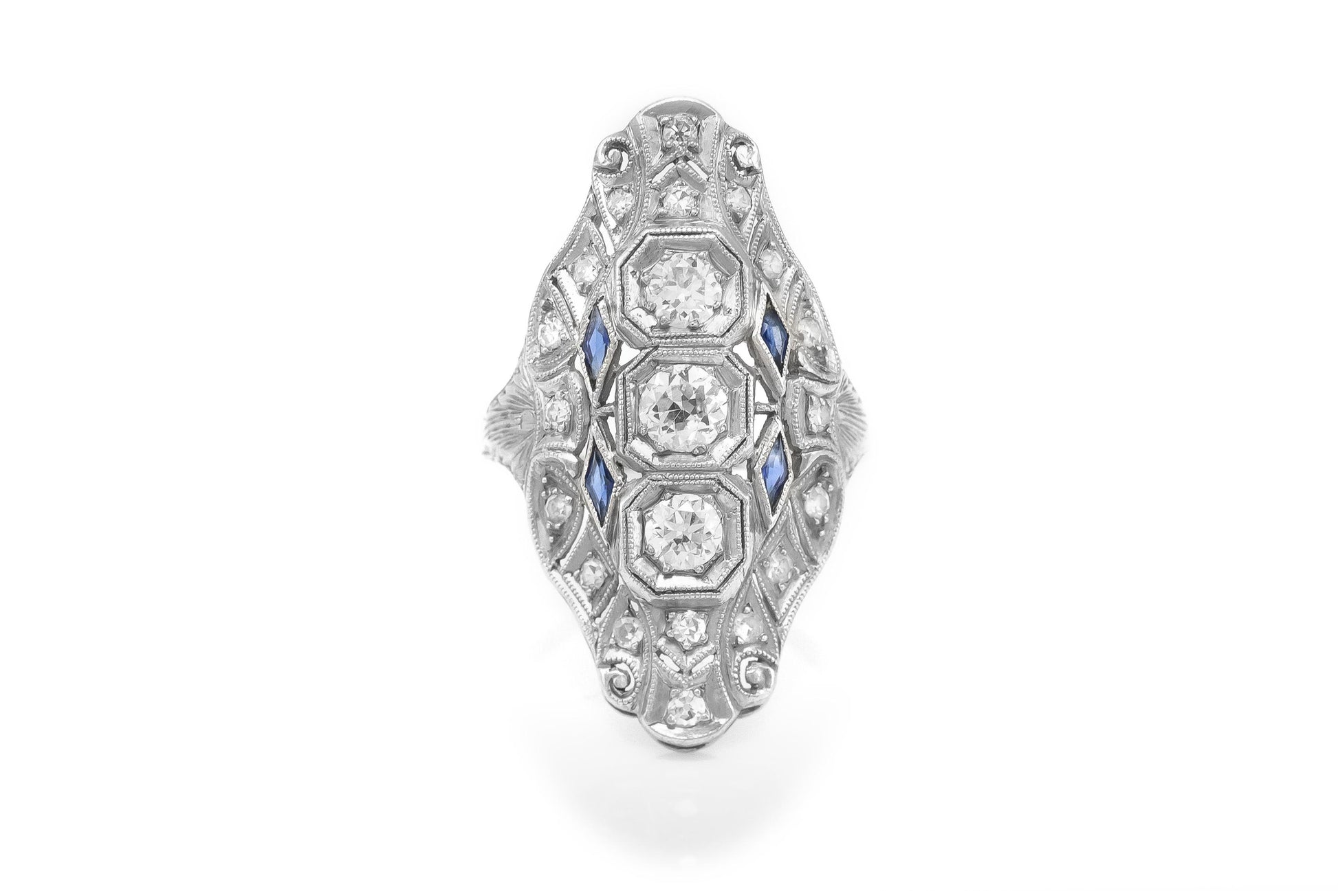 Antique Art Deco 1920s 1.50 Carat Diamond Dinner Ring with Sapphires