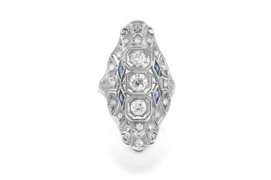 Antique Art Deco 1920s 1.50 Carat Diamond Dinner Ring with Sapphires