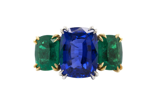 15.11 Carat Burma Sapphire & 9.07 Carat Colombian Emeralds Ring