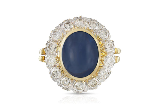 Vintage 1950s 3.00 Carat Cabochon Sapphire and 1.20 Carat Diamonds Ring