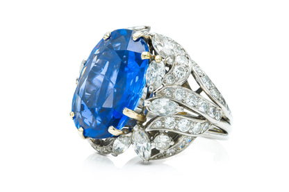 Vintage 1940s 15.13 Carat Oval Cut Sapphire Ring with Diamonds