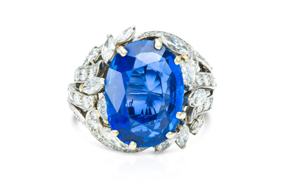 Vintage 1940s 15.13 Carat Oval Cut Sapphire Ring with Diamonds