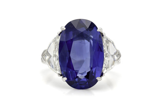 Vintage 1950s 9.78 Carat Oval Cut Burma Sapphire and Shield Cut Diamonds Ring