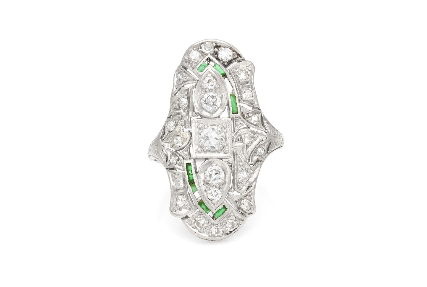 Antique Art Deco 1920s 1.20 Carat Diamond Dinner Ring with Emeralds