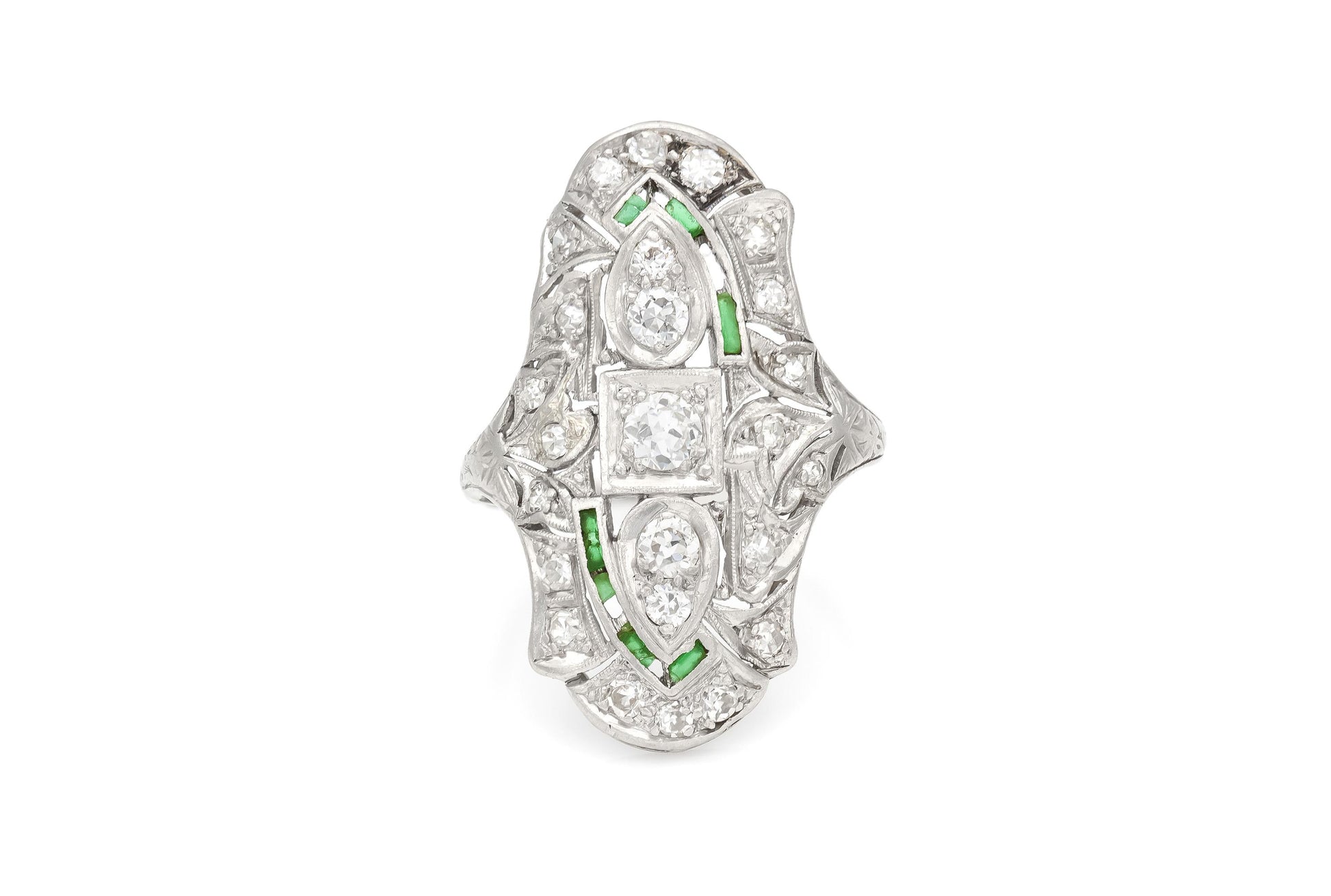 Antique Art Deco 1920s 1.20 Carat Diamond Dinner Ring with Emeralds