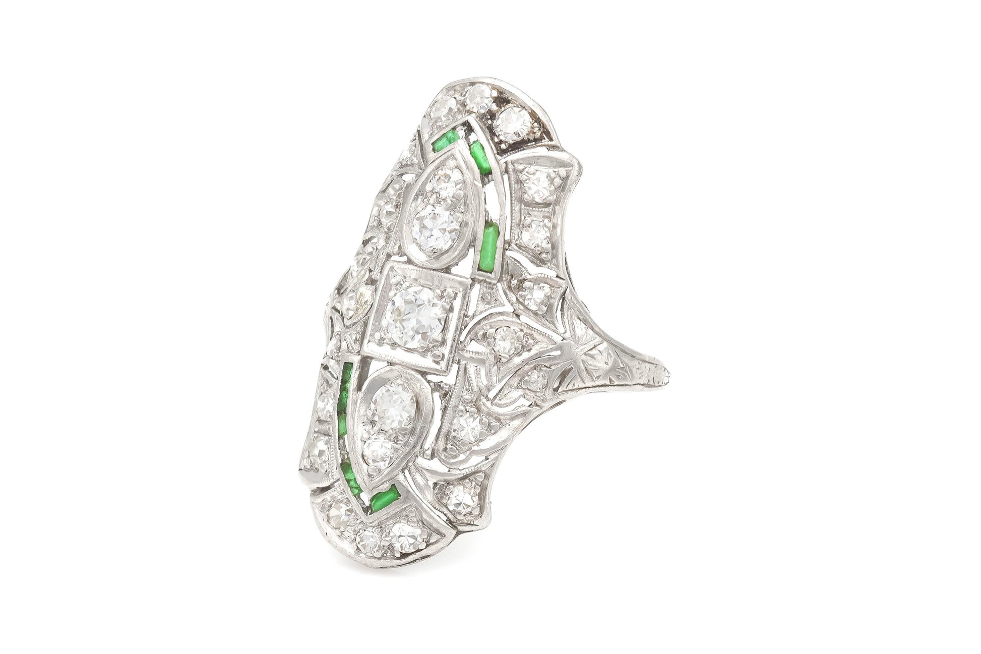Antique Art Deco 1920s 1.20 Carat Diamond Dinner Ring with Emeralds