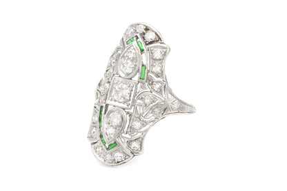 Antique Art Deco 1920s 1.20 Carat Diamond Dinner Ring with Emeralds
