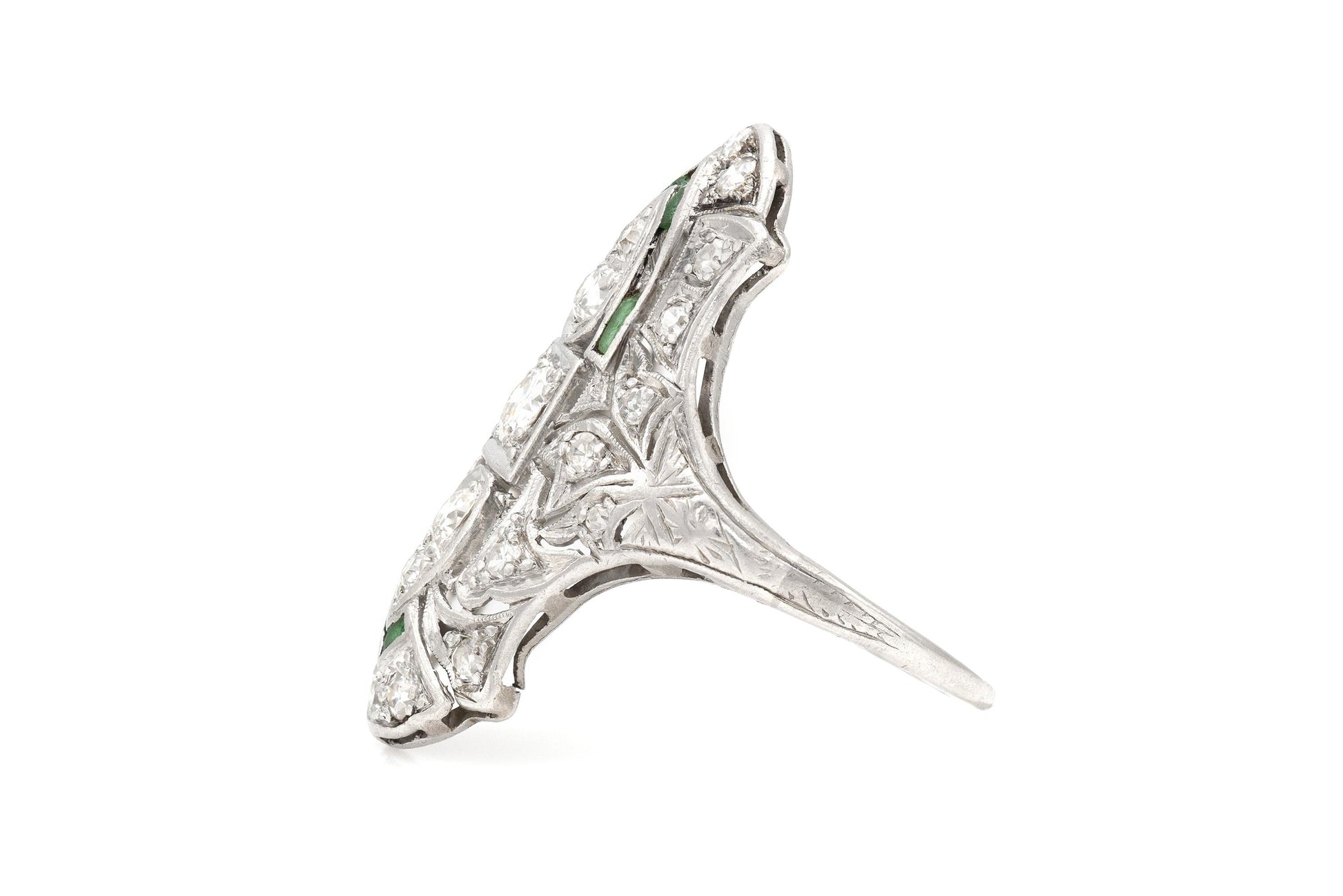 Antique Art Deco 1920s 1.20 Carat Diamond Dinner Ring with Emeralds