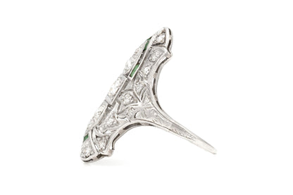 Antique Art Deco 1920s 1.20 Carat Diamond Dinner Ring with Emeralds