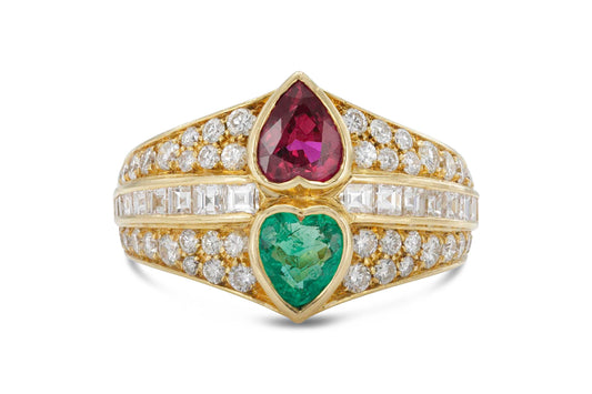 Vintage 1980s 1.00 Carat Ruby & 0.90 Carat Emerald Hearts Ring with Diamonds