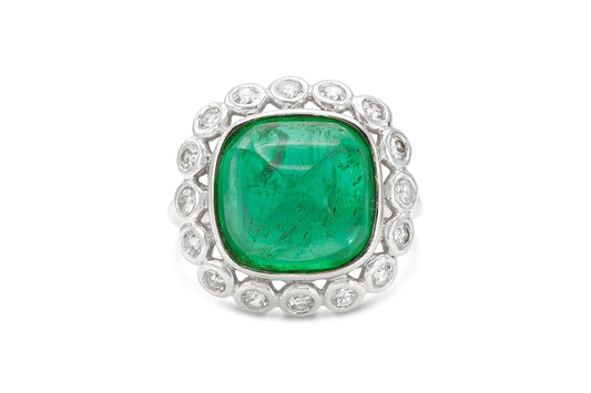 Vintage 1950s 5.00 Carat Sugarloaf Cabochon Emerald Ring with Diamonds