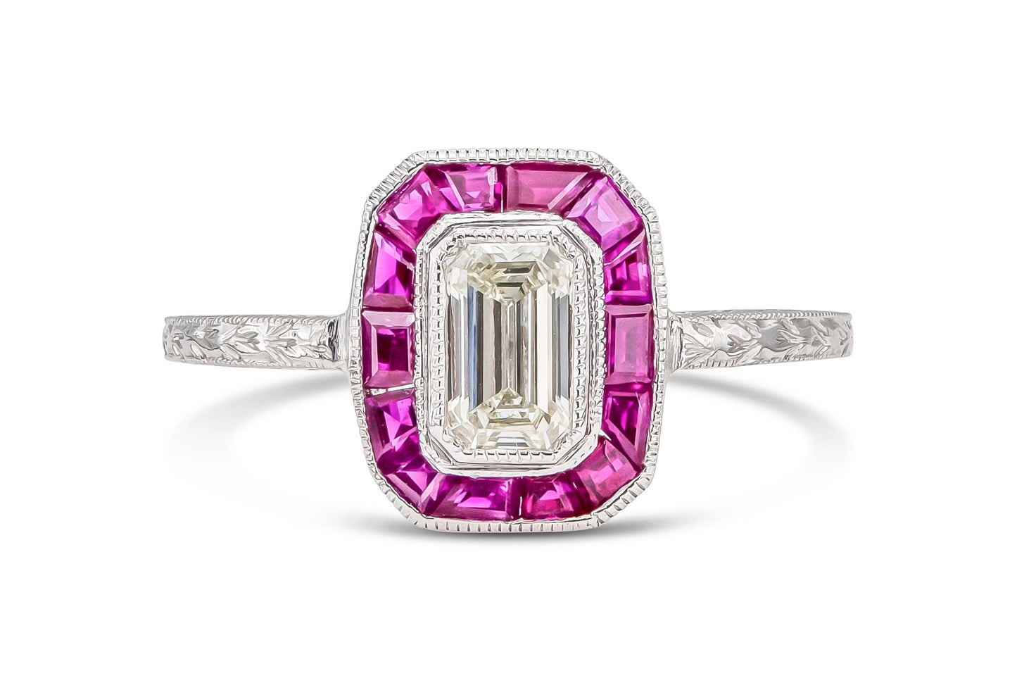Antique Art Deco 1920s 0.52 Carat Emerald Cut Diamond Ring with Rubies