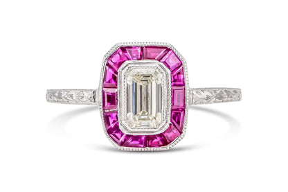 Antique Art Deco 1920s 0.52 Carat Emerald Cut Diamond Ring with Rubies