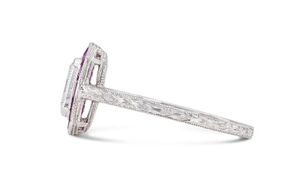 Antique Art Deco 1920s 0.52 Carat Emerald Cut Diamond Ring with Rubies