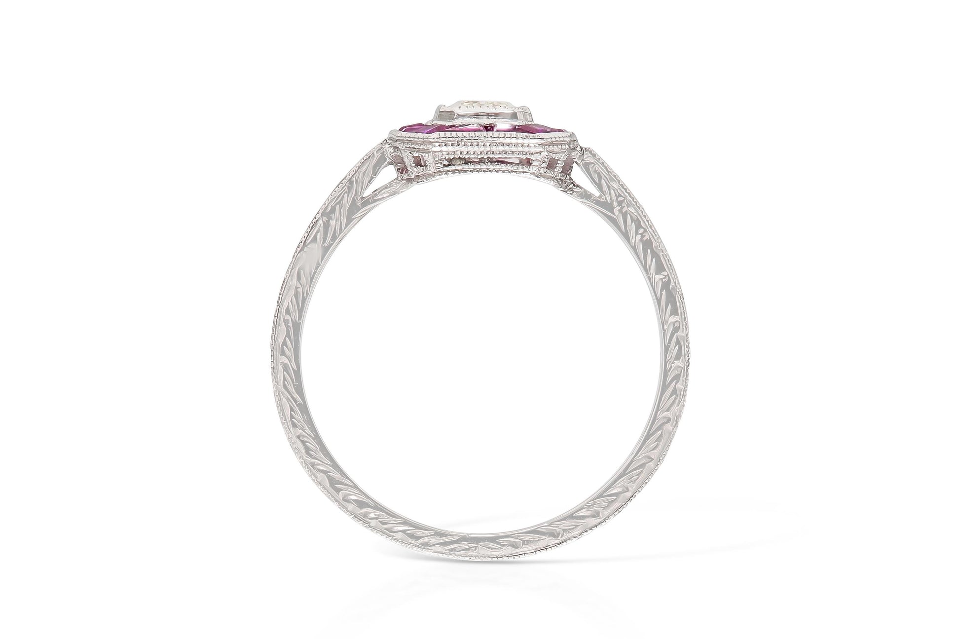 Antique Art Deco 1920s 0.52 Carat Emerald Cut Diamond Ring with Rubies