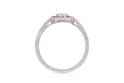 Antique Art Deco 1920s 0.52 Carat Emerald Cut Diamond Ring with Rubies