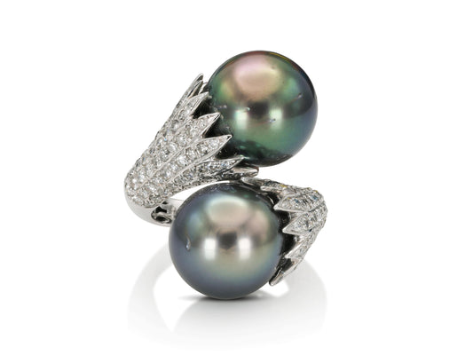 Vintage 1960s Bypass Tahitian Pearls and Diamonds Ring