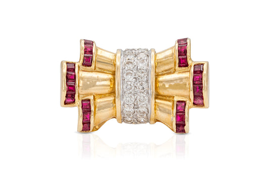 Vintage 1940s Retro Gold Ring with Rubies and Diamonds