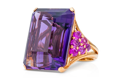 Vintage 1940s Retro 50.00 Carat Amethyst and 3.00 Carat Ruby Ring