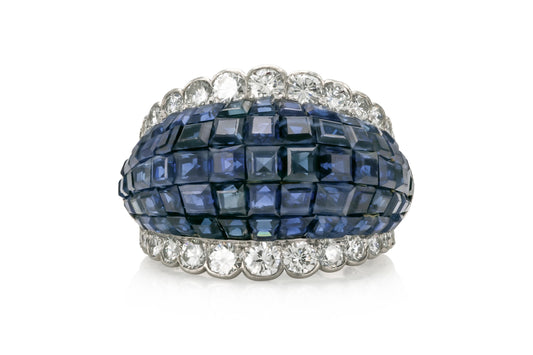 Vintage 1960s Van Cleef & Arpels Invisible Set Sapphire Domed Ring with Diamonds