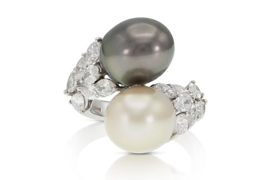 Light Gold South Sea and Tahitian Pearl Ring with Diamonds