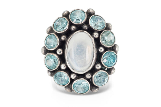 Moonstone and Blue Zircon Cluster Ring