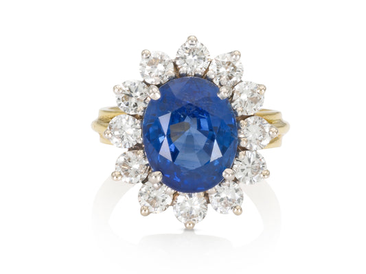 Vintage 1950s 6.21 Carat Ceylon Sapphire and Diamond Cluster Ring