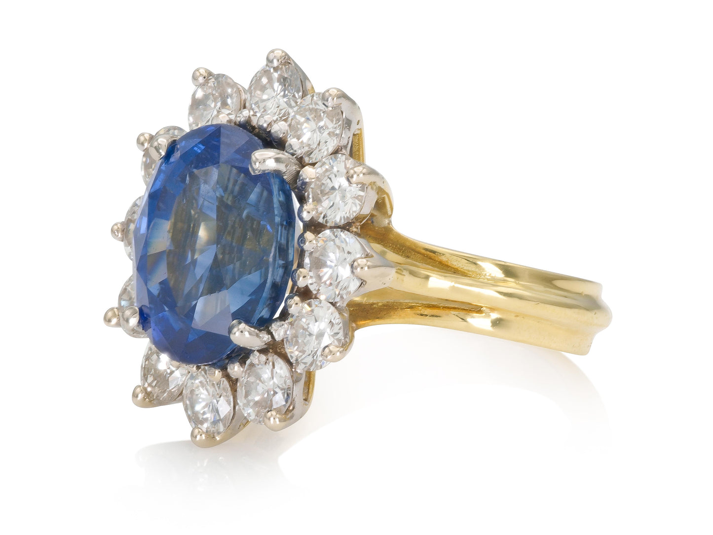 Vintage 1950s 6.21 Carat Ceylon Sapphire and Diamond Cluster Ring