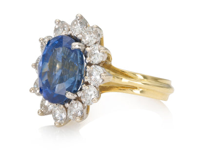 Vintage 1950s 6.21 Carat Ceylon Sapphire and Diamond Cluster Ring