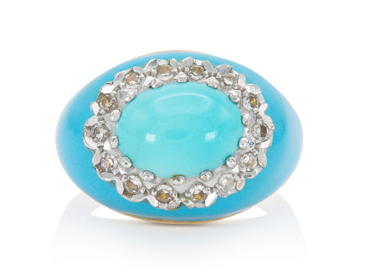 Vintage 1960s Turquoise, Diamond and Enamel Ring