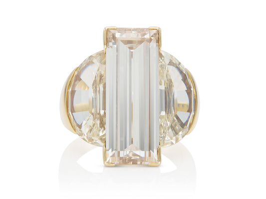 9.86 Carat Rectangular Step Cut Diamond Ring with 6.20 Carat Half-Moon Diamonds