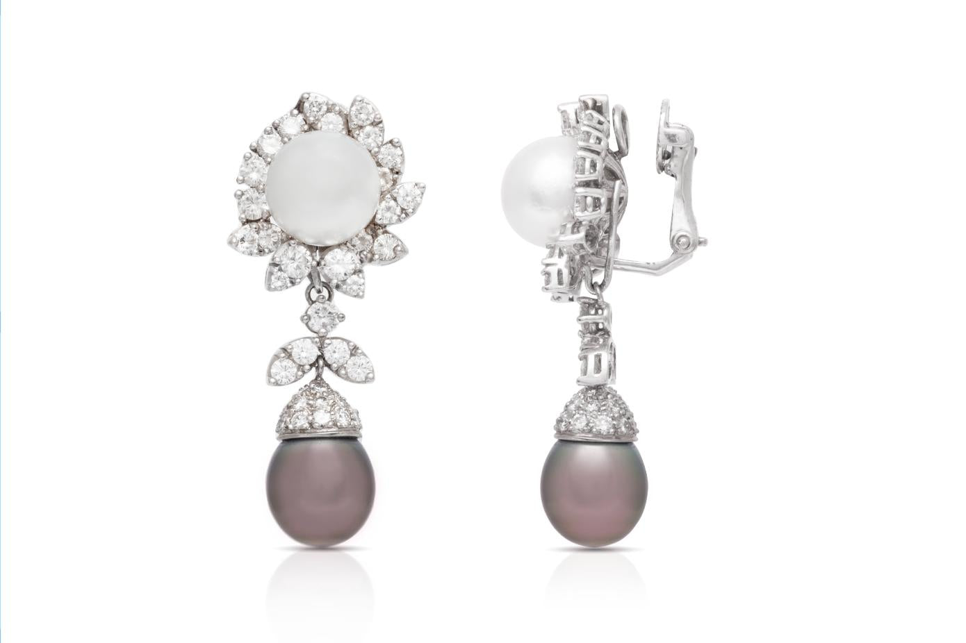 Black and White Pearl Detachable Drop Earrings with Diamonds