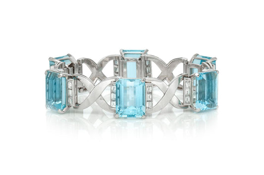 Vintage 1940s Retro 90.00 Carat Emerald Cut Aquamarine Bracelet with Diamonds