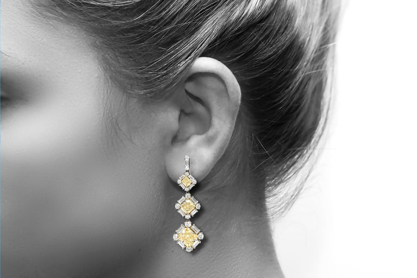 8.23 Carat Yellow Diamond and 3.20 Carat White Diamond Dangle Earrings