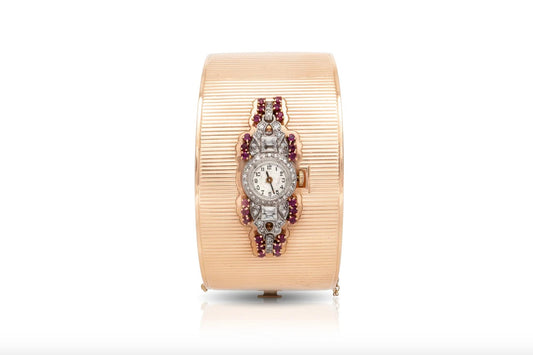 Vintage 1940s Retro Watch Cuff Bracelet with Diamonds and Rubies