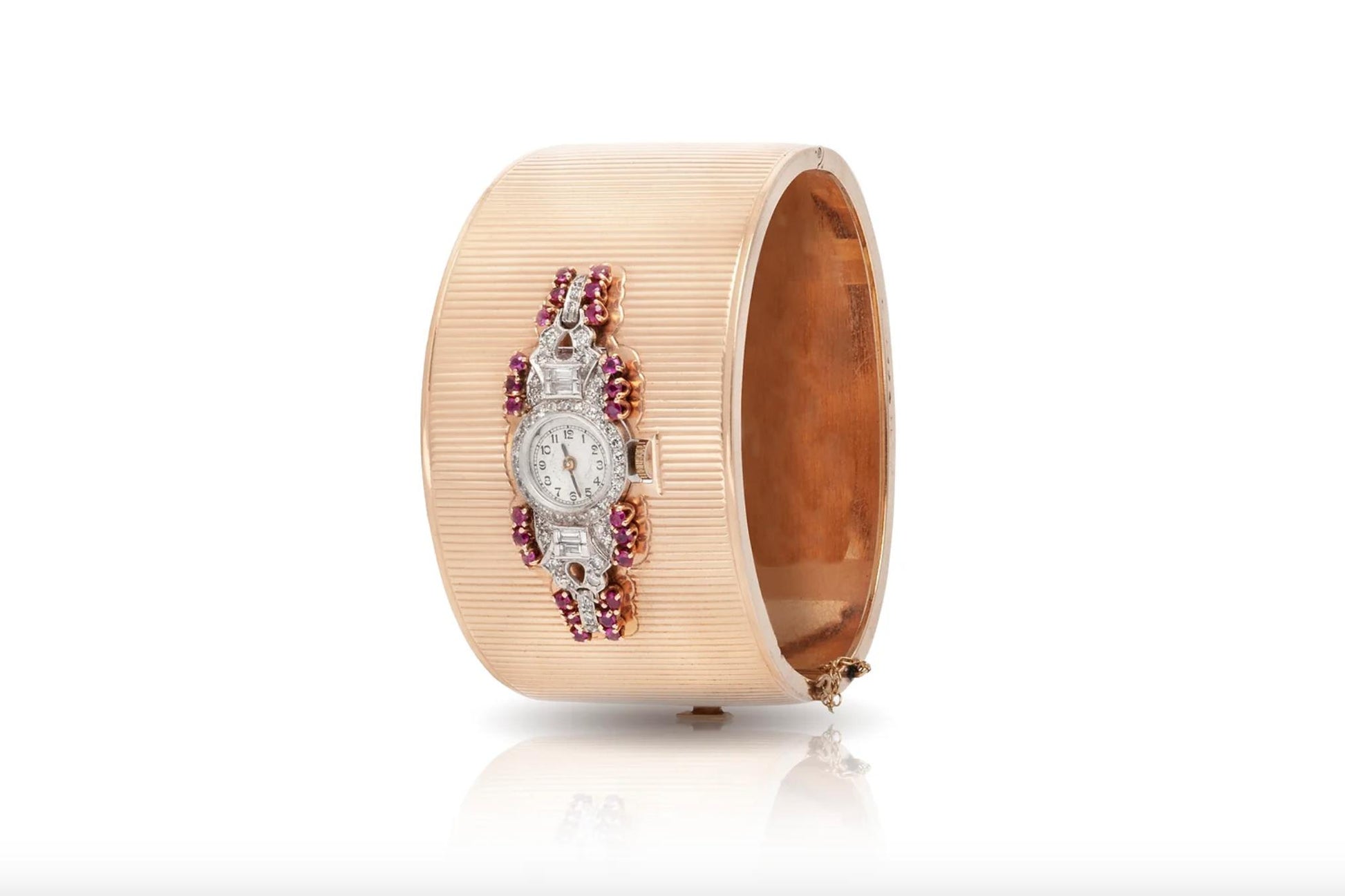 Vintage 1940s Retro Watch Cuff Bracelet with Diamonds and Rubies