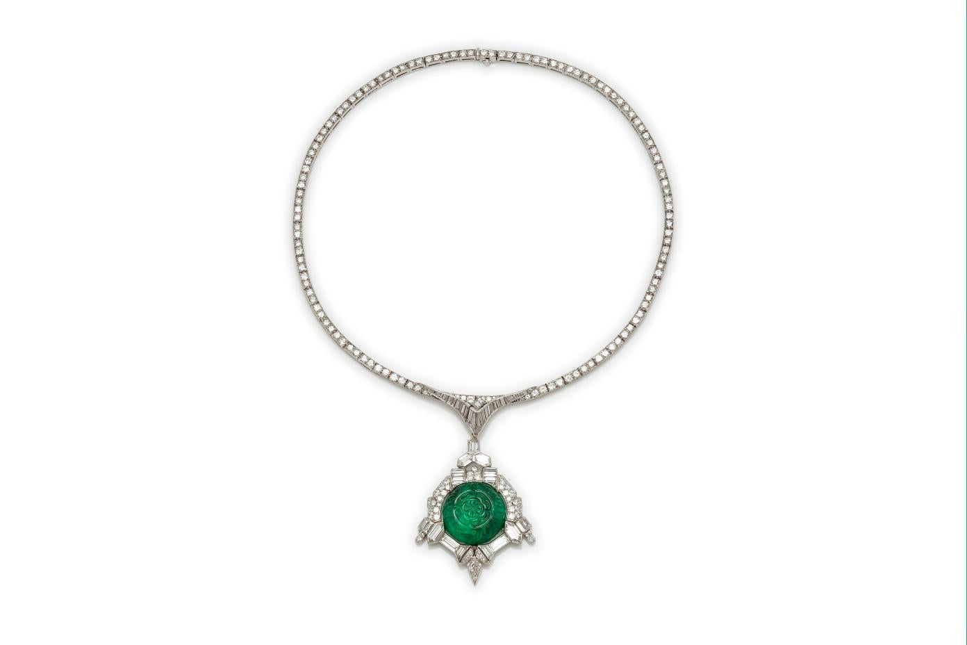 Antique Art Deco 1930s 35.00 Carat Carved Emerald and Diamond Pendant Necklace