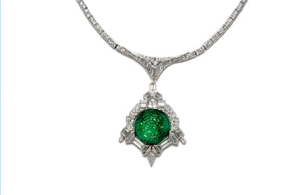 Antique Art Deco 1930s 35.00 Carat Carved Emerald and Diamond Pendant Necklace