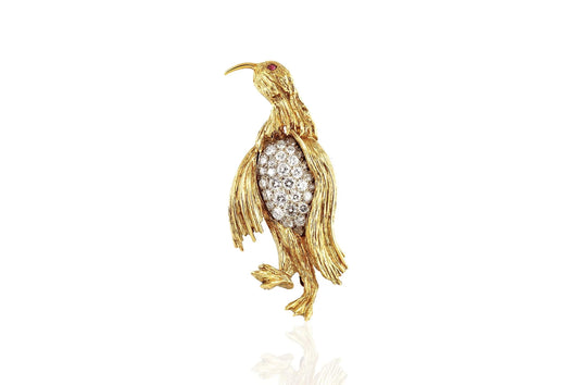 Vintage 1970s Gold Penguin Brooch with Diamonds and a Ruby