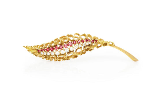 Vintage 1960s Gold, Diamond and Ruby Leaf Brooch