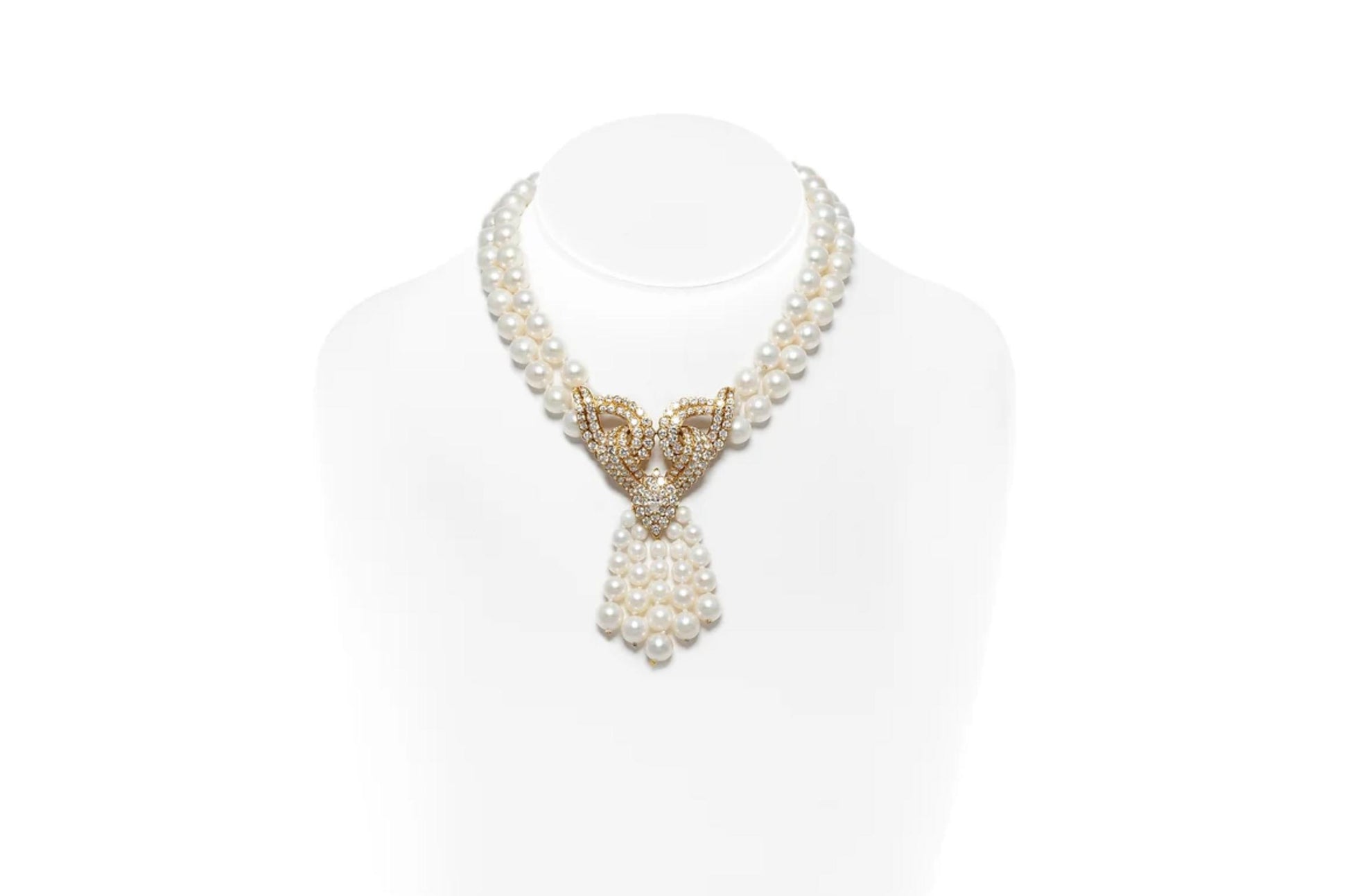 Vintage 1980s Pearl Tassel Necklace with Diamonds