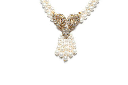 Vintage 1980s Pearl Tassel Necklace with Diamonds