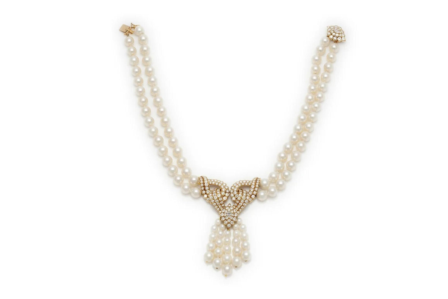 Vintage 1980s Pearl Tassel Necklace with Diamonds