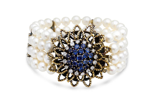 Vintage 1950s 4 Strand Pearl Bracelet with Sapphire Flower Clasp