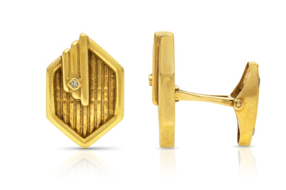 Vintage 1970s Gold Hexagonal Cufflinks with Diamonds