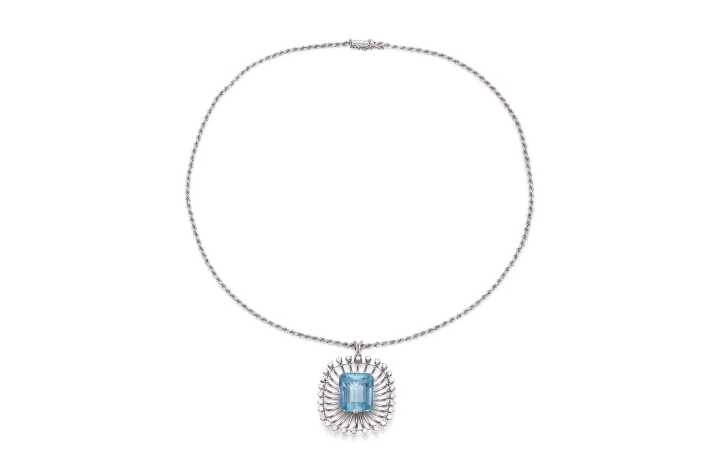 Vintage 1940s Retro Aquamarine Pendant Necklace with Diamonds