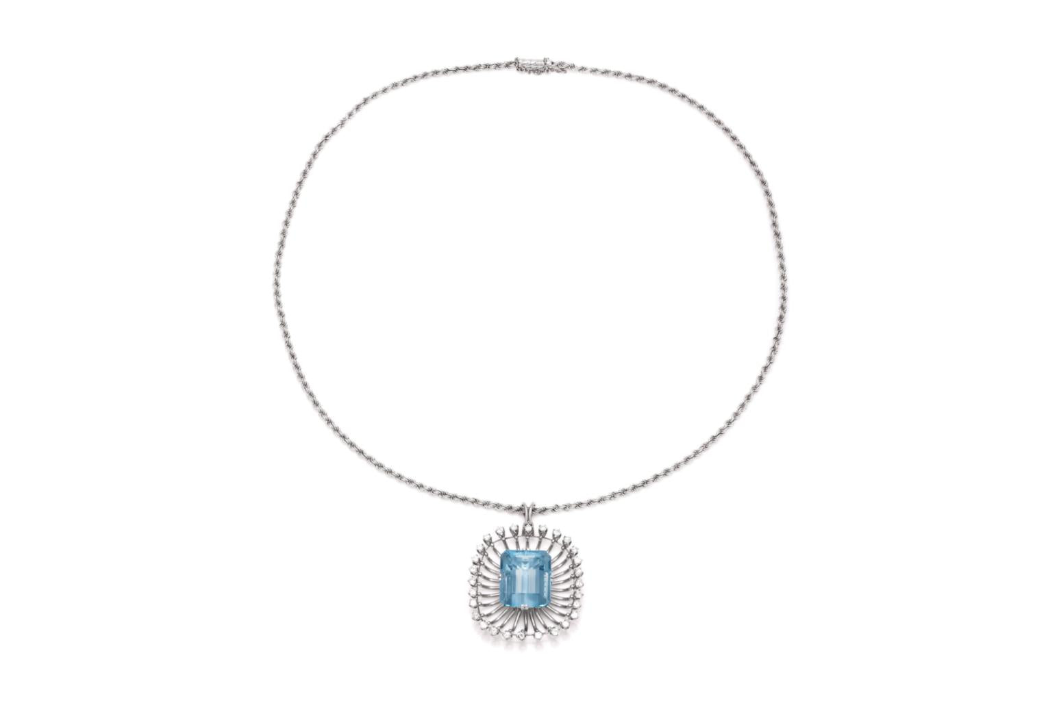 Vintage 1940s Retro Aquamarine Pendant Necklace with Diamonds