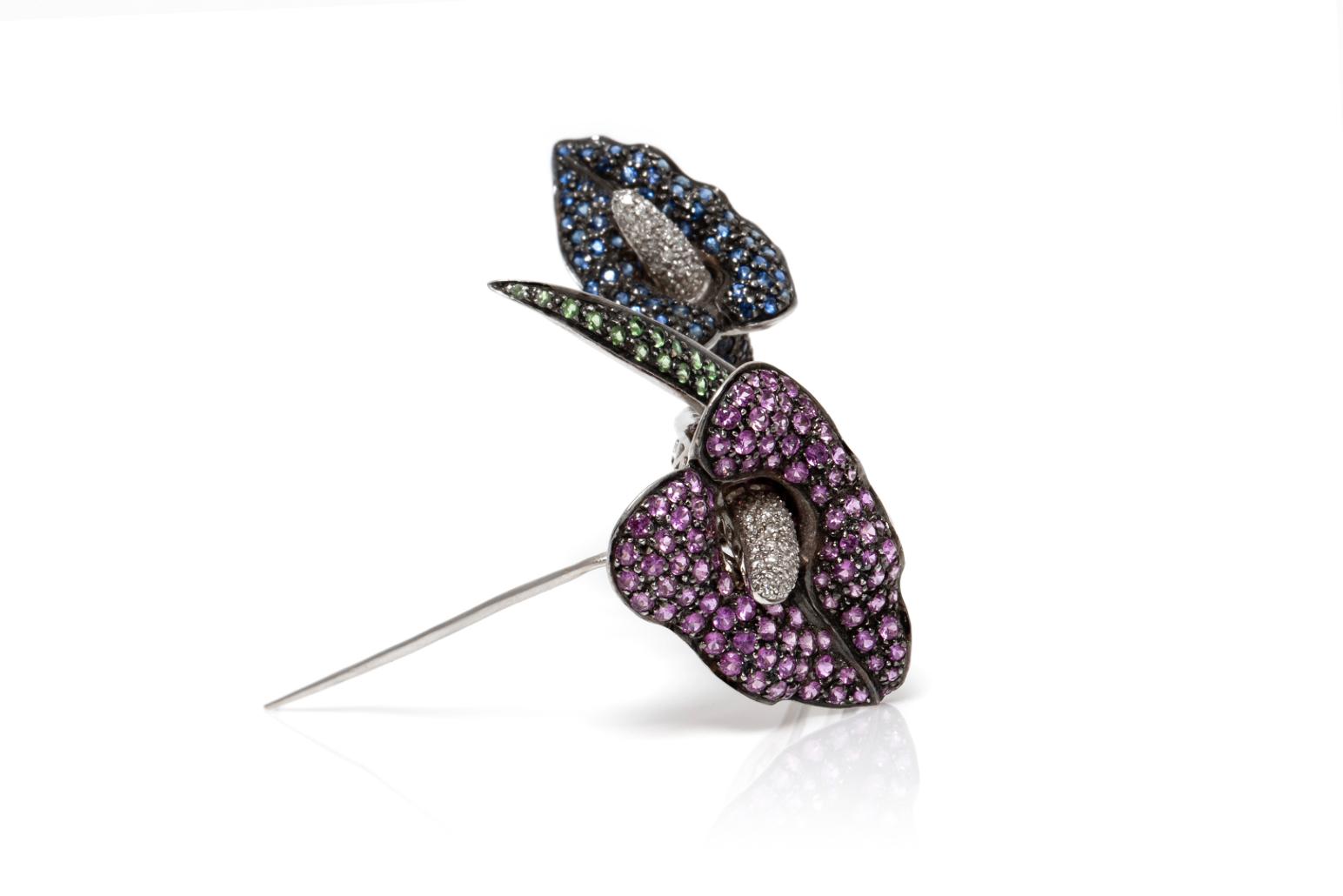 Multi-Color Sapphire Calla Lily Flower Brooch with Diamonds