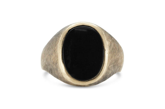 Vintage 1980s Scratched Gold Black Onyx Signet Ring